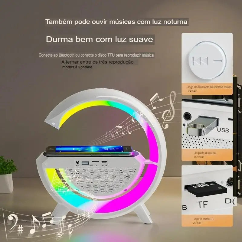 Caixa de Som G-Speaker com Carregador Sem Fio Bluetooth e Lâmpada RGB